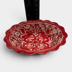 Vintage AIBA Mexico Red Hand Painted Pottery Bowl Scalloped Floral 5.25”