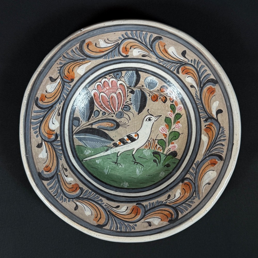 Vintage Mexico Pottery Plate Hand Painted Bird Floral Burnished Clay 8.5″