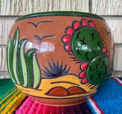 Lg Mexican Ceramic Flower Cactus Pot Planter Folk Art Pottery Handmade Talavera