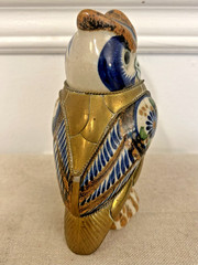 VINTAGE TONALA MEXICAN FOLK ART CERAMIC AND BRASS OWL