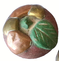 Mexico Burnished Clay Fruit Apple Figurine Terracotta Brass Copper Inlay 70s VTG