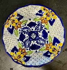 Talavera Puebla Mexico Hand Painted Bowl & 2 Plates Platter Set Blue Floral