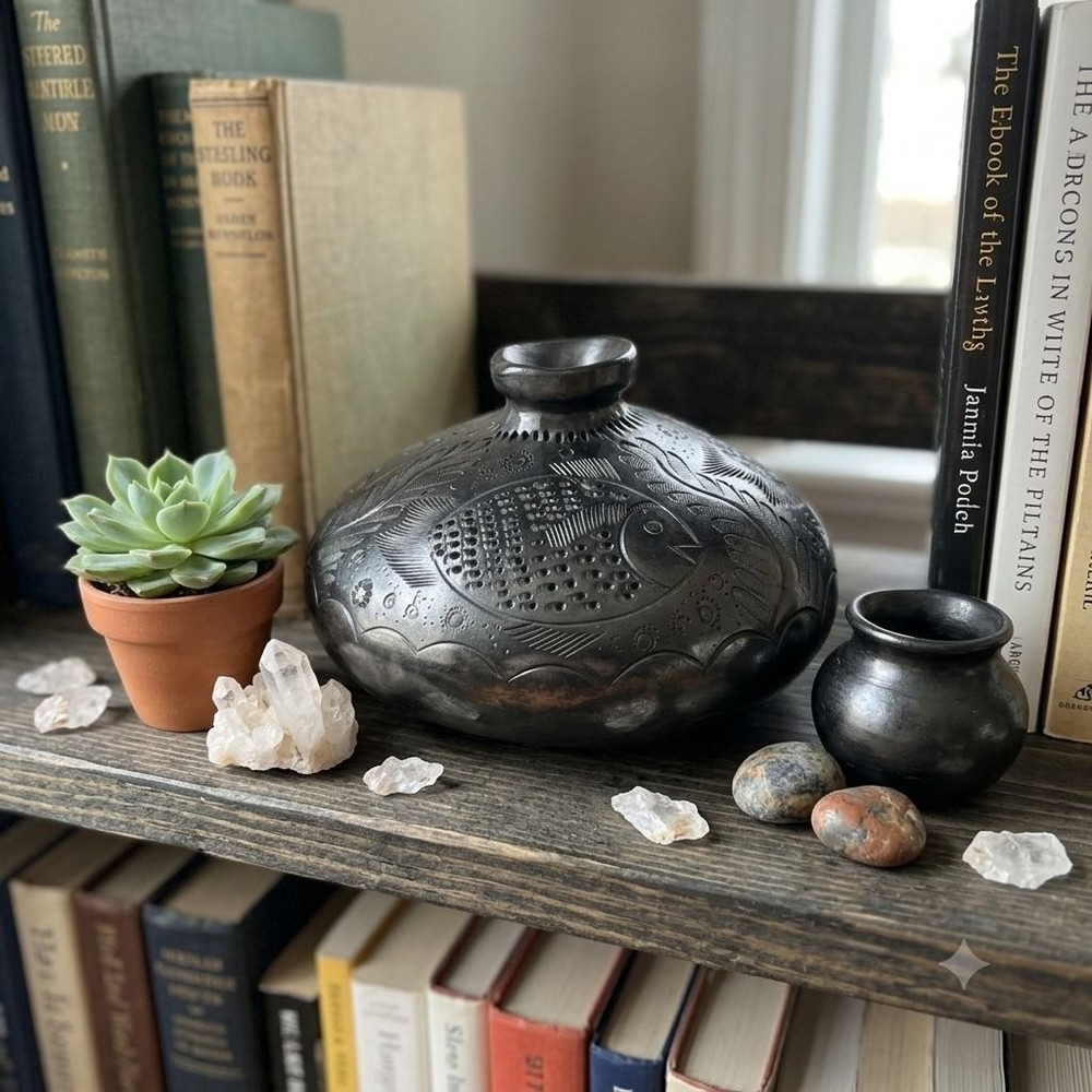 Vintage Oaxaca Barro Negro Pottery Vase, Hand Carved Black Clay Fish & Leaf Desi