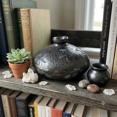 Vintage Oaxaca Barro Negro Pottery Vase, Hand Carved Black Clay Fish & Leaf Desi