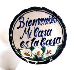 Vtg Blue Talavera Art Pottery Floral Spanish Welcome Wall Hanging Pue, Mex.4.5″