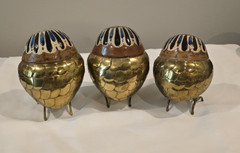 Brass Mexican Pottery Owls Set of 3 Signed Artist Alexander Blazquez MCM