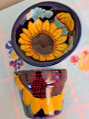 Talavera Cup Planter and Underplate Bowl Sunflower Pattern Yellow Navy Signed