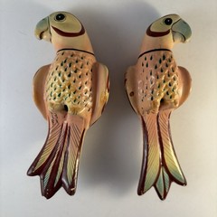 Pair Vintage Parrot Handpainted 5”Figures Signed Mexico Peach Blue Green Coral