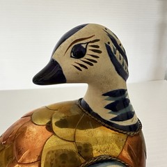 Vintage Tonala Mexican Pottery Duck Hand Painted With Brass & Copper Body