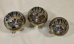 Brass Mexican Pottery Owls Set of 3 Signed Artist Alexander Blazquez MCM