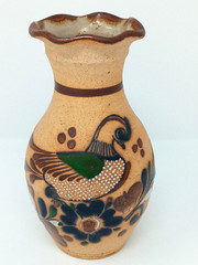 Tonala Mexico 8.25″ Vase sandstone Pottery hand painted enamel Quail & flowers