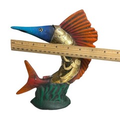 Art Pottery Fish Statue Brass Scales Hand Painted SET OF 2 Angelfish Swordfish