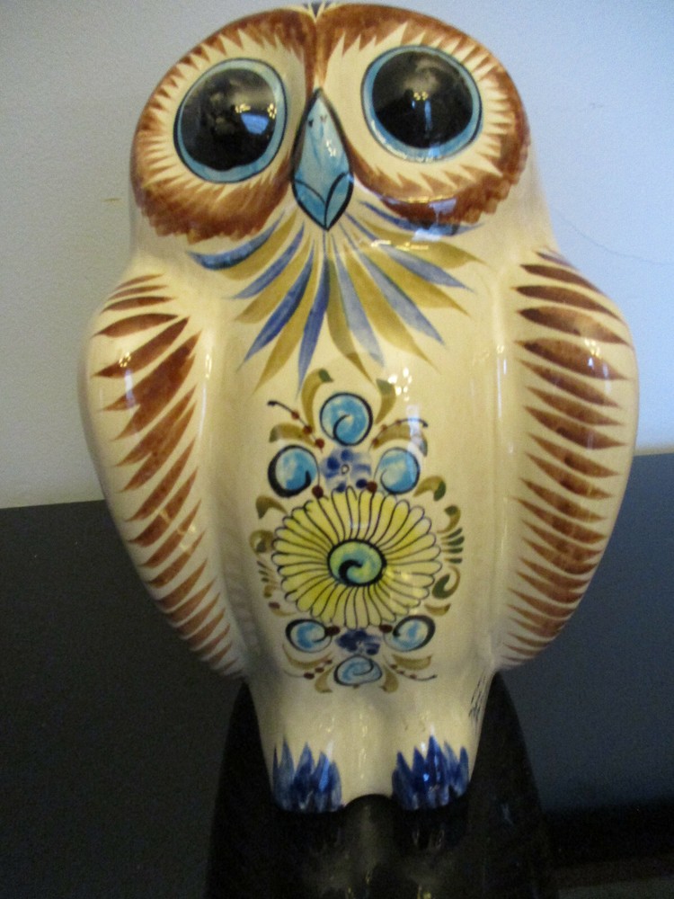 Mid Century Modern Mexican Tonala Folk Art Pottery Hand Painted Owl 10″ Statue!