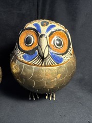 Vintage Brass Ceramic Owl Alexander Blazquez Mid Century MCM Signed Pair