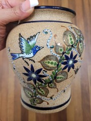 Tonala Stoneware Pottery Vase Bird Floral Design Mexico Hand Painted Signed