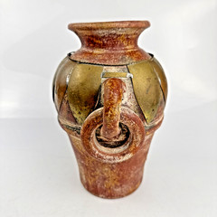 Vintage Mexican Terracotta Pottery Vase, Brass Copper Overlay Loop Handles, 8″