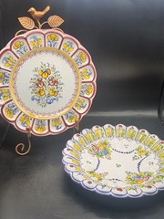 Vintage Set Of 2 Talavera Art Pottery Hand Painted Floral Wall Hanging Plates