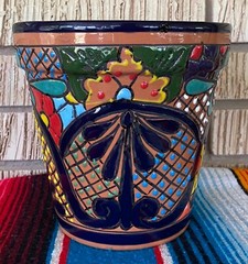 Lg MEXICAN TALAVERA Folk Art POTTERY FLOWER POT PLANTER CERAMIC #1