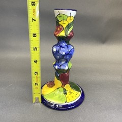 Vintage Mexican Art Pottery Talavera Hand Painted Single Candlestick 7.75″ Tall