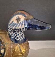 Vintage Brass And Ceramic Hand Painted Duck Sculpture