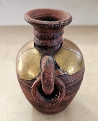 Vintage Mexican Terracotta Pottery Vase, Brass Copper Overlay Loop Handles, 5.5″
