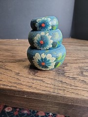 Mexico souvenir pottery hand painted blue set Of 3 tiny Collect Flower Pot Red C