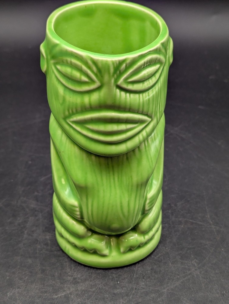 Vintage Green Ceramic Tiki Mug Mexico Maya Aztec Face Cup Souvenir Barware 5.5″