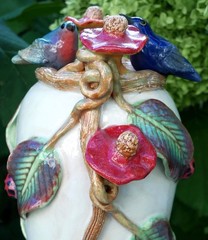 Tall Vase White Hummingbirds Flowers & Ladybug Handmade Tonala Mexico Folk Art