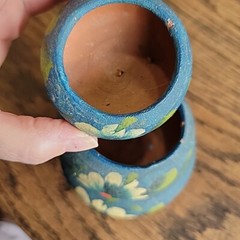Mexico souvenir pottery hand painted blue set Of 3 tiny Collect Flower Pot Red C