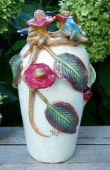 Tall Vase White Hummingbirds Flowers & Ladybug Handmade Tonala Mexico Folk Art