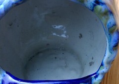 Mexican ceramic chiminea candle holder signed Reyna blue drip glaze tabletop 7½”