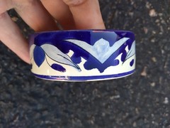 Round Blue Floral Trinket Box Round Blue Silver Shell Mexico Vintage
