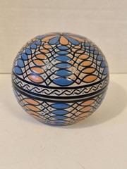Javier Servin Blue & Orange Hand Painted Mexican Pottery Round Trinket Box 1996