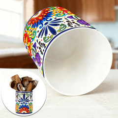 Mexican Tiles Kitchen Utensil Holder, Mexica Theme Talavera Large Ceramic Utensi