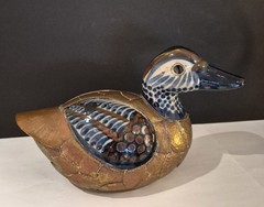 Vintage Brass And Ceramic Hand Painted Duck Sculpture