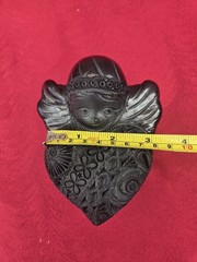 Vintage Oaxaca Mexican Carved Black Clay Pottery Lidded Box Heart Shape Angel