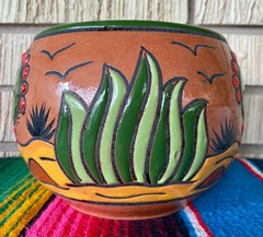 Lg Mexican Ceramic Flower Cactus Pot Planter Folk Art Pottery Handmade Talavera