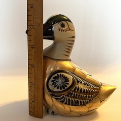 Vtg Tonala Mexico Pottery Duck Figurine Armored Brass Scales Hand Painted 5.5″ H