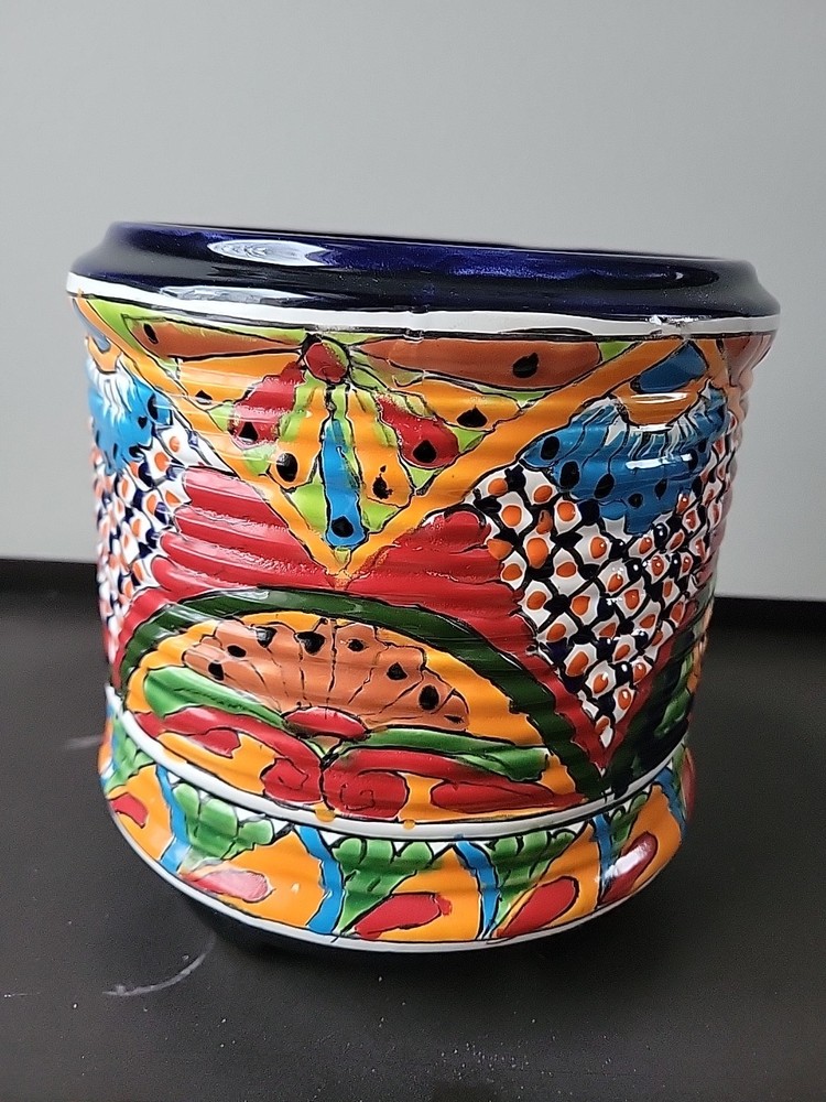Talavera Mexican Pottery Round Planter With Legs Rings Ceramic Colorful 7″