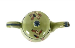 Vintage Tlaquepaque Pottery Green Pitcher with Lid Hand Painted Mexico 1940s 9″