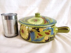 Vtg Mexican Talavera Handled Lidded Bowl Pottery Redware Floral Green