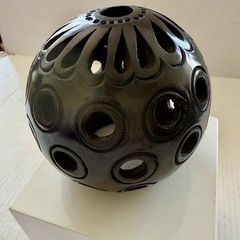 Oaxaca Mexico Hand Carved Pierced Black Clay Luminary Candle Holder About 5 x 5