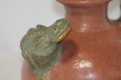Unique Mexican red clay terracotta, folk art pot w/ frog handles
