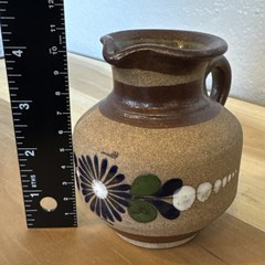 Mexican Handmade Pottery Pitcher Hand Painted Floral Design Signed