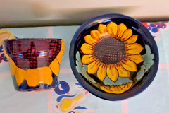 Talavera Cup Planter and Underplate Bowl Sunflower Pattern Yellow Navy Signed