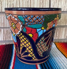 Lg MEXICAN TALAVERA Folk Art POTTERY FLOWER POT PLANTER CERAMIC #1