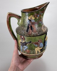 A Major C.1930 Tlaquepaque Mexican Green Pottery Pitcher – Dance/Music Motif