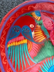 Talavera Mexican Pottery Footed Bowl Bird Floral Hand Painted Vibrant Colors