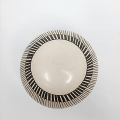 Mata Ortiz Round Geometric Pot with Wooden Display Base Signed Juan Mora