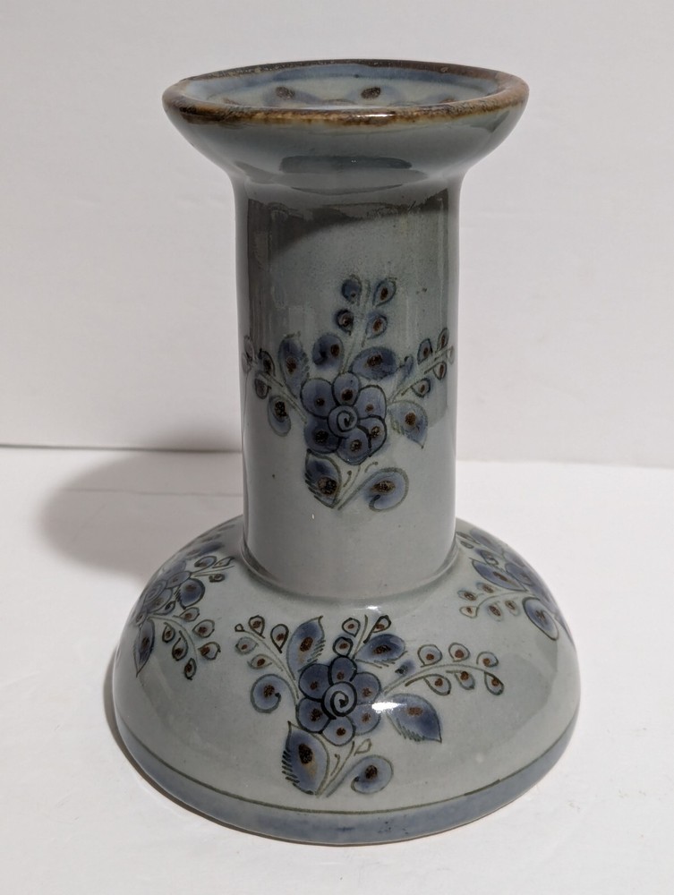 Ken Edwards Mexican Pottery Single Candle Stick – Signed Vintage Blue Florals